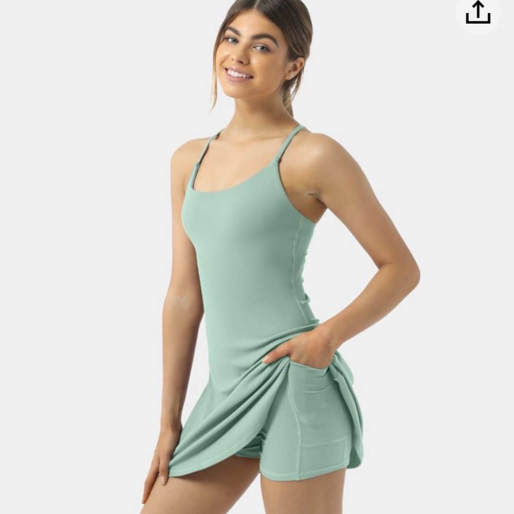Halara Everyday Cloudful Backless 2-in-1 Flare Activity Dress in Thin Mint